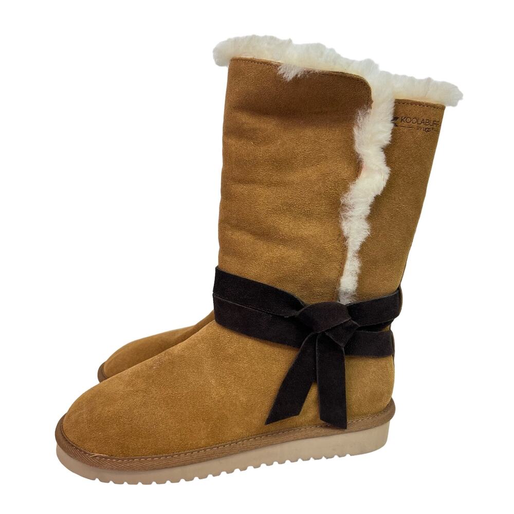 UGG Koolaburra Rozalia Tall Boots Tan Brown Size 8 Fur Lined Brown Bow